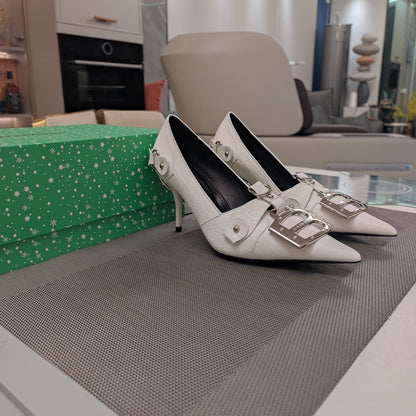HIGH PUMPS WITH B SILVER BUCKLE IN WHITE CROCODILE PATTERN CALFSKIN