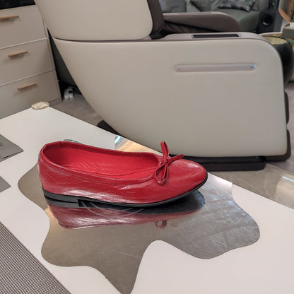RHINESTONE BALLET FLATS WITH BOW IN RED WAX-OIL SHEEPSKIN