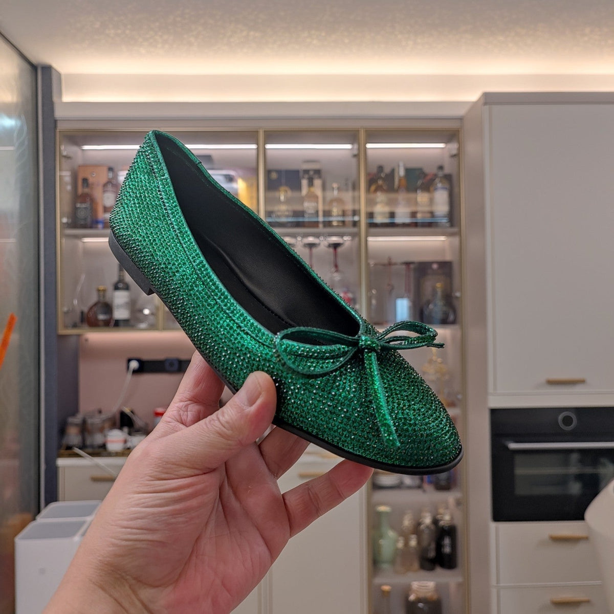 RHINESTONE BALLET FLATS WITH BOW IN FUN GREEN SHEEPSKIN
