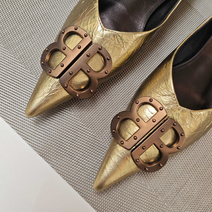 POINTED BALLET FLATS IN GOLD METALLIC SHINY CRACKED SHEEPSKIN