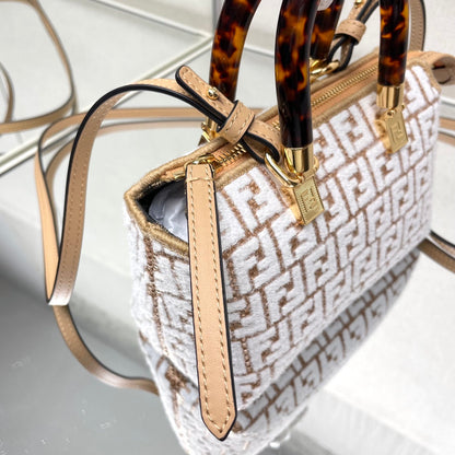 BY THE WAY MINI 18 IN WHITE WOOL AND CAMEL BROWN RAFFIA CALFSKIN TRIM