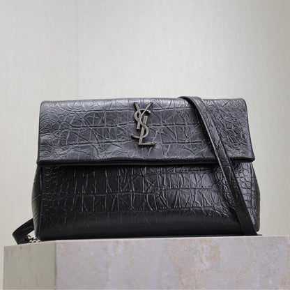WEST HOLLYWOOD BAG 28 IN BLACK CROCODILE TEXTURED CALFSKIN SILVER HARDWARE