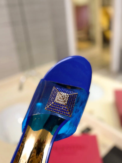 HIGH MULE 60MM IN COBALT BLUE SHEEPSKIN AND TRANSPARENT PVC