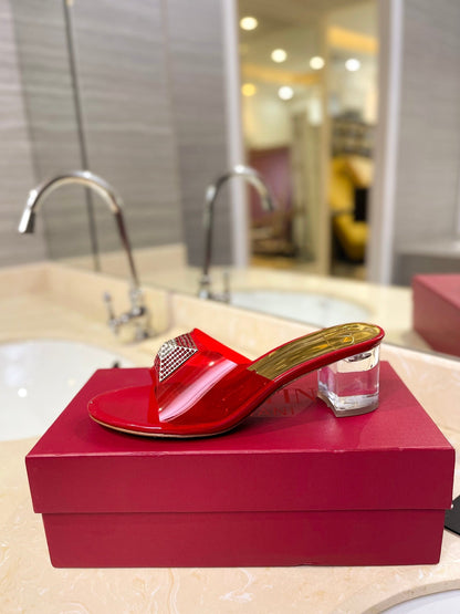 HIGH MULE 60MM IN CHERRY RED SHEEPSKIN AND TRANSPARENT PVC