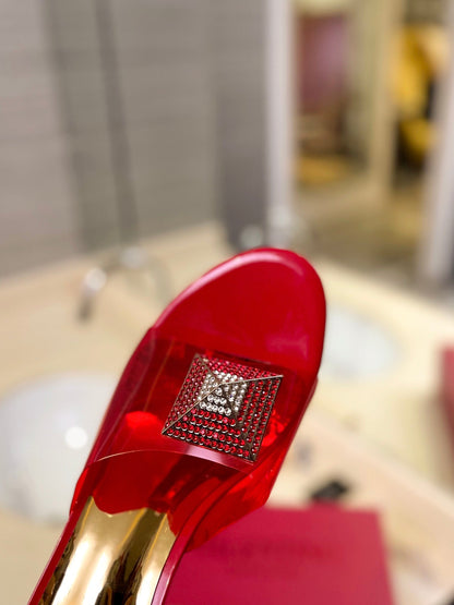 HIGH MULE 60MM IN CHERRY RED SHEEPSKIN AND TRANSPARENT PVC