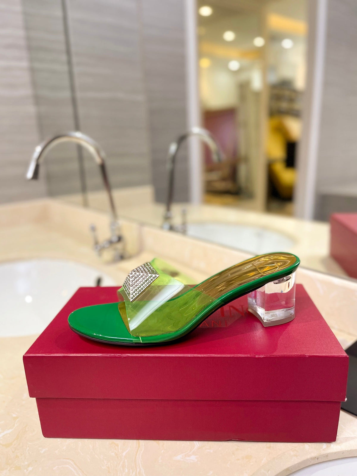 HIGH MULE 60MM IN SHAMROCK GREEN SHEEPSKIN AND TRANSPARENT PVC
