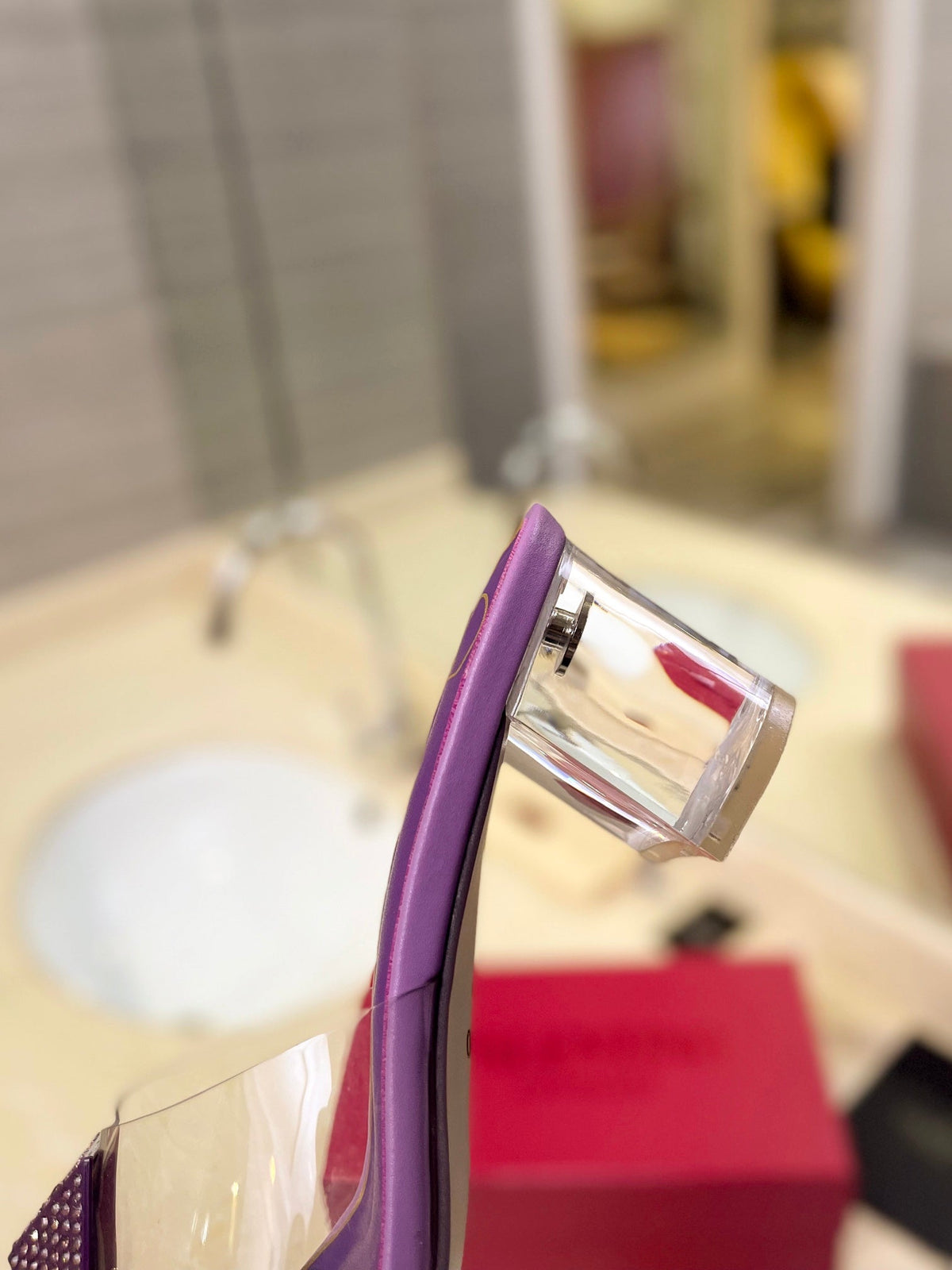 HIGH MULE 60MM IN MAUVE PURPLE SHEEPSKIN AND TRANSPARENT PVC