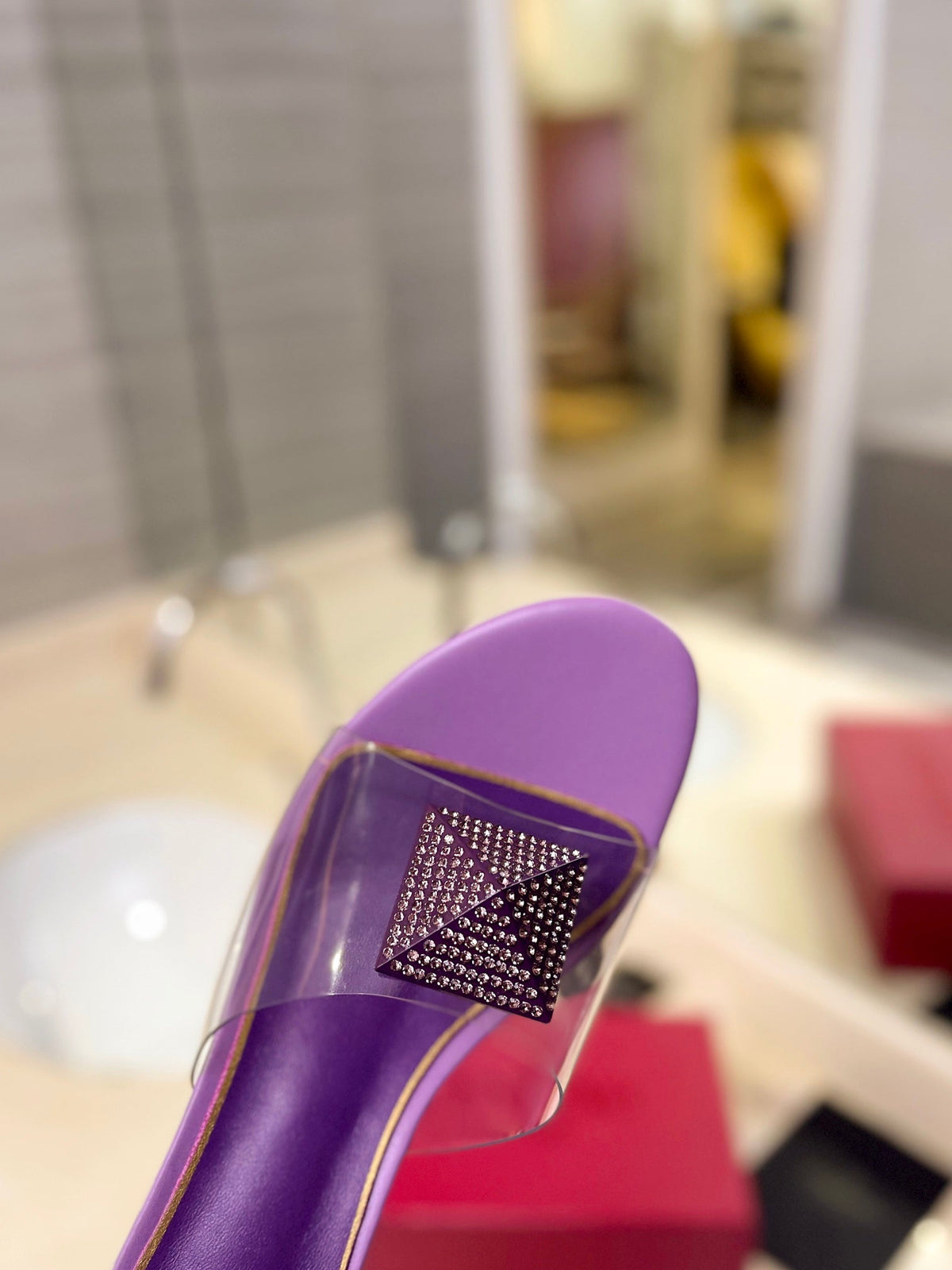 HIGH MULE 60MM IN MAUVE PURPLE SHEEPSKIN AND TRANSPARENT PVC