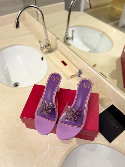 HIGH MULE 60MM IN MAUVE PURPLE SHEEPSKIN AND TRANSPARENT PVC