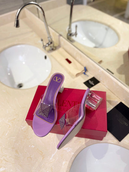 HIGH MULE 60MM IN MAUVE PURPLE SHEEPSKIN AND TRANSPARENT PVC