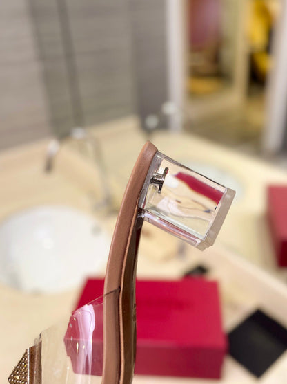HIGH MULE 60MM IN CAMEL BEIGE SHEEPSKIN AND TRANSPARENT PVC