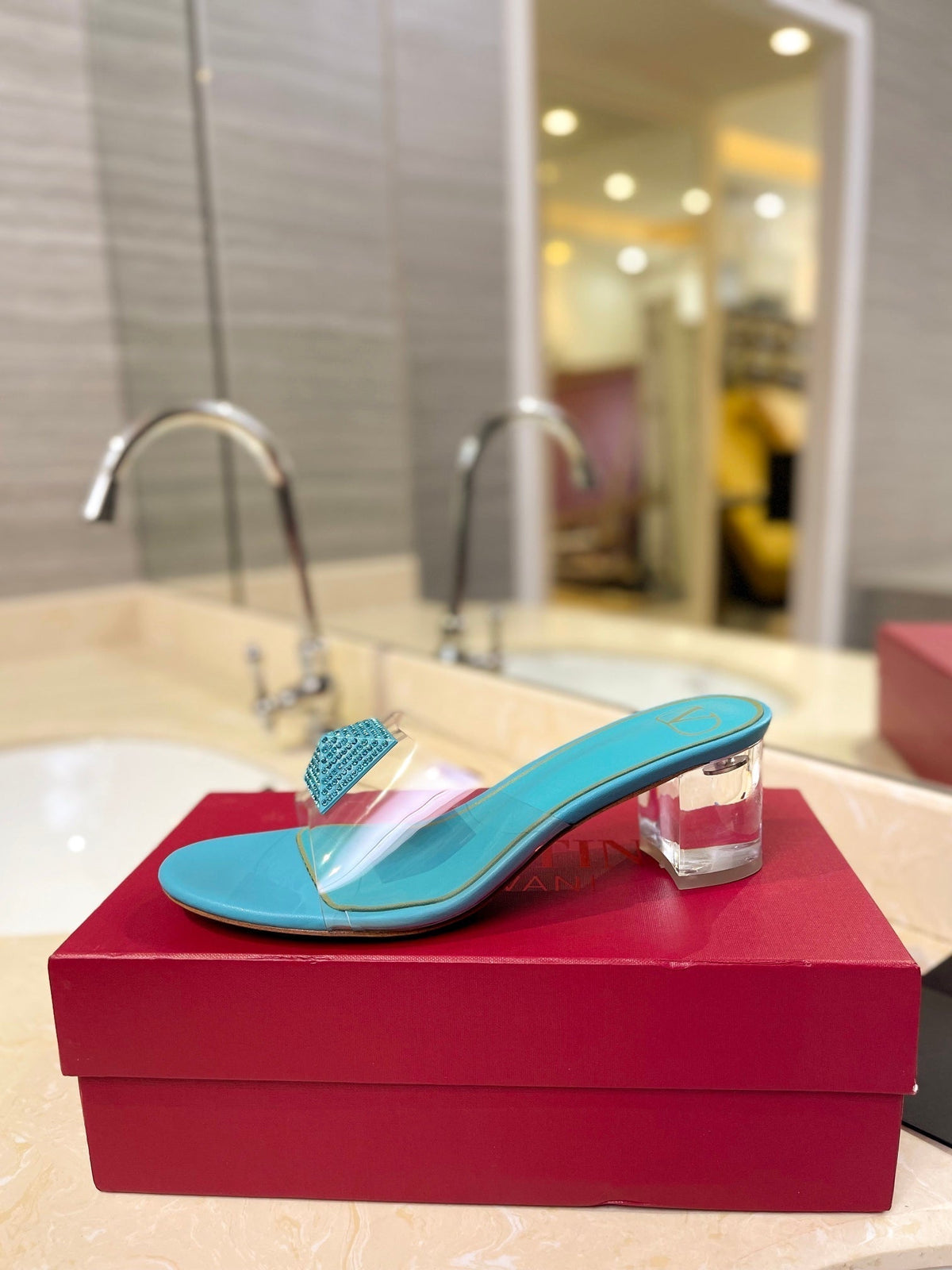 HIGH MULE 60MM IN AQUA BLUE SHEEPSKIN AND TRANSPARENT PVC
