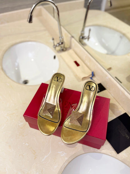 HIGH MULE 60MM IN GOLD SHEEPSKIN AND TRANSPARENT PVC