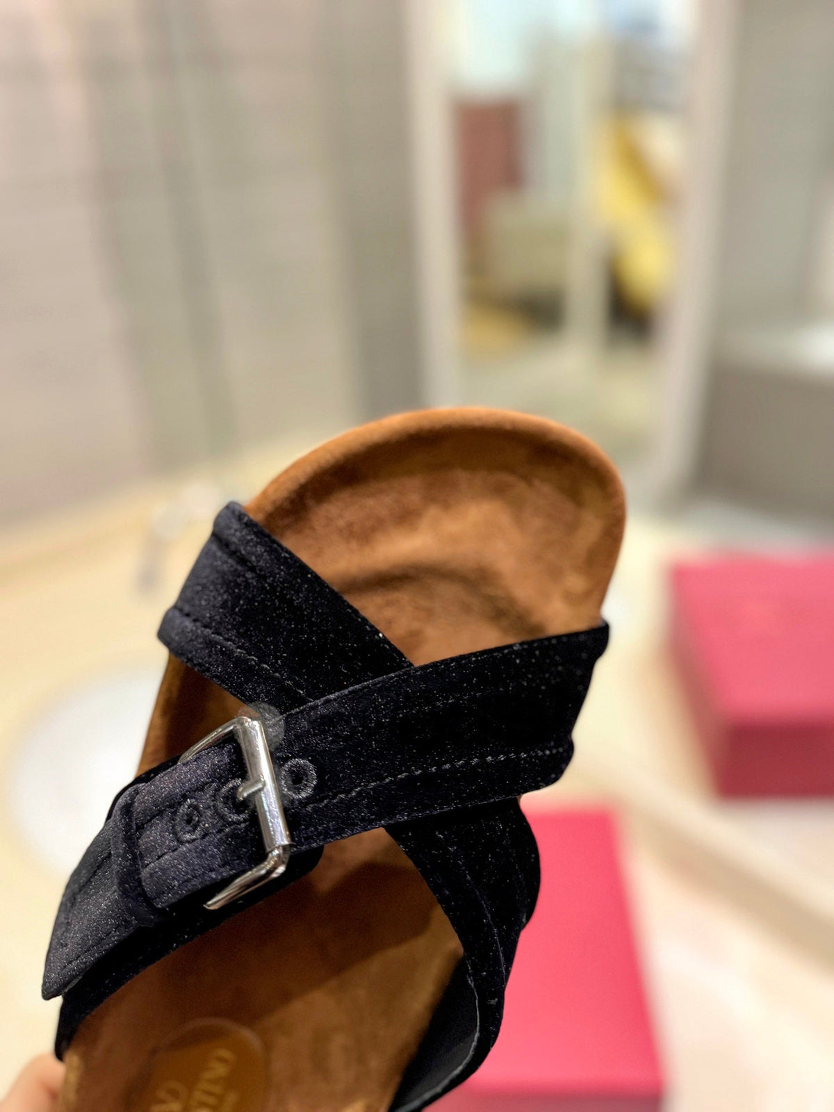 FUSSFRIEND BLACK SILK VELVET SLIDE SANDALS