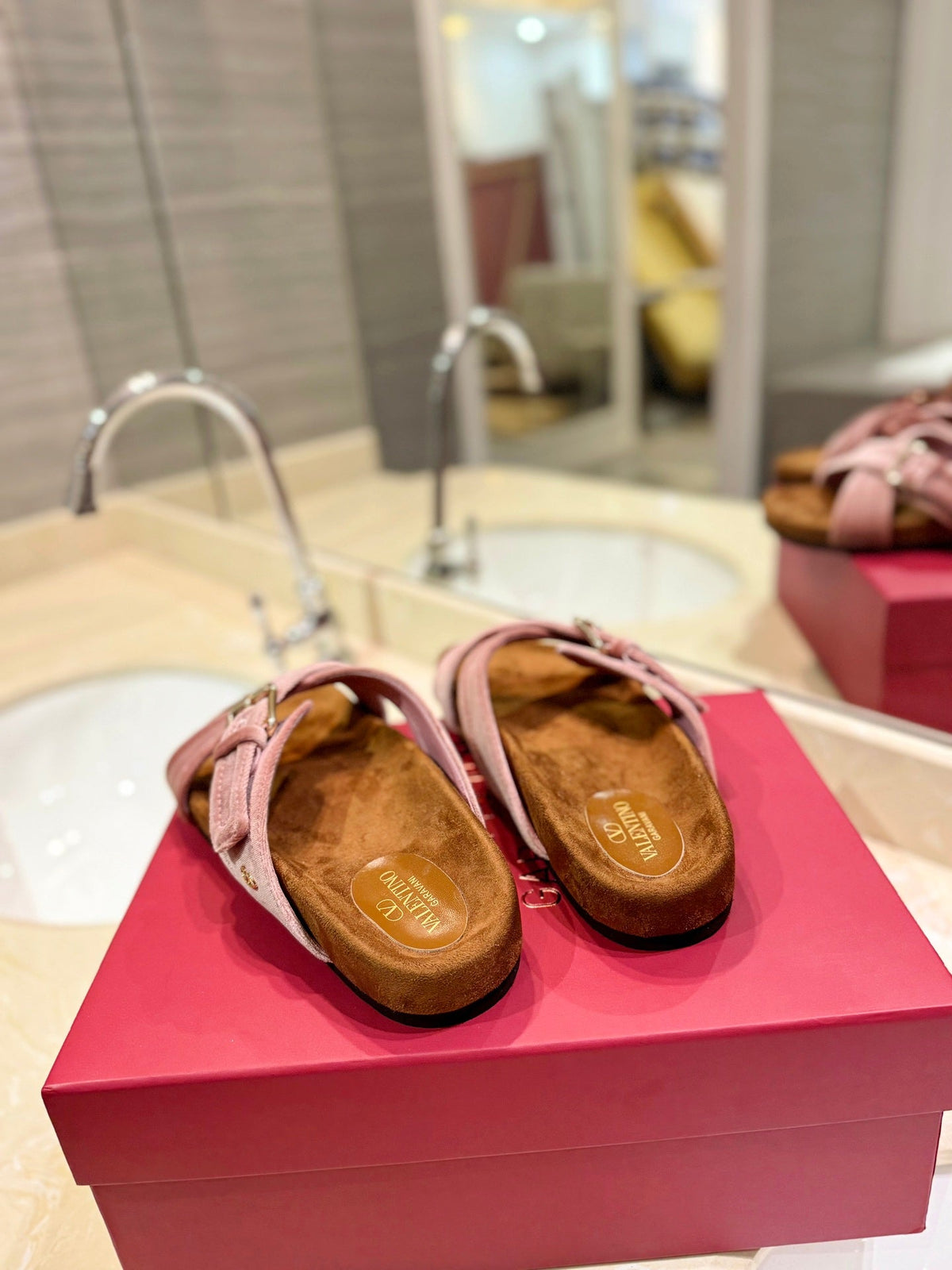 FUSSFRIEND CREPE PINK SILK VELVET SLIDE SANDALS
