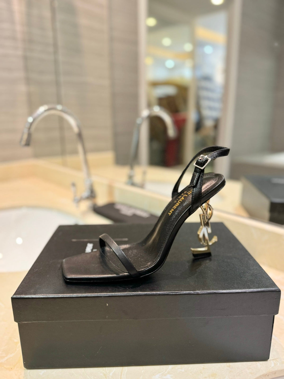 SL OPYUM SANDALS 80 BLACK AND GOLD CALFSKIN