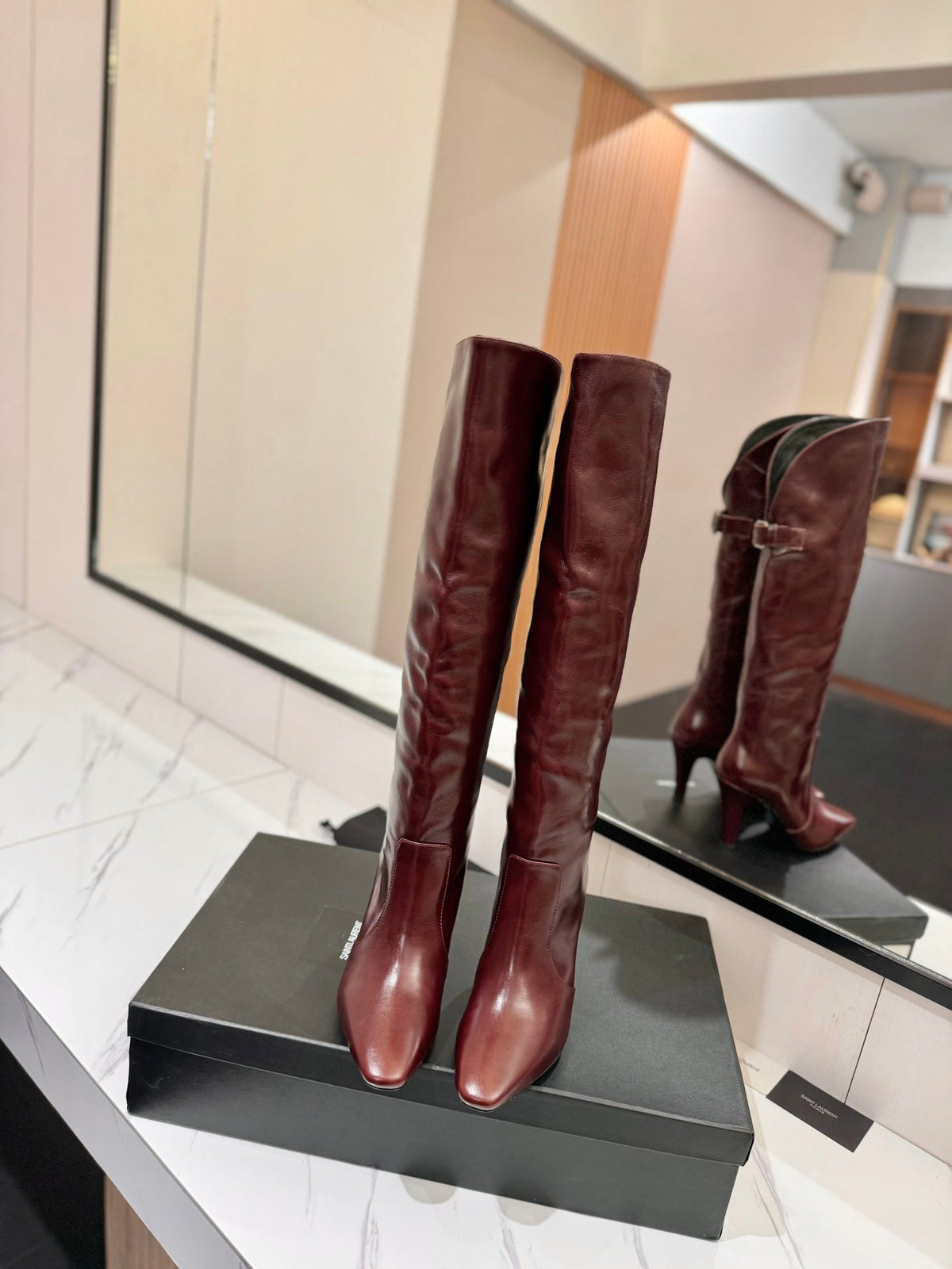 CLASSIC HIGH KNEE BOOTS IN BURGUNDY RED CALFSKIN