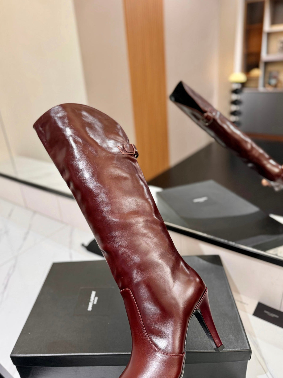 CLASSIC HIGH KNEE BOOTS IN BURGUNDY RED CALFSKIN