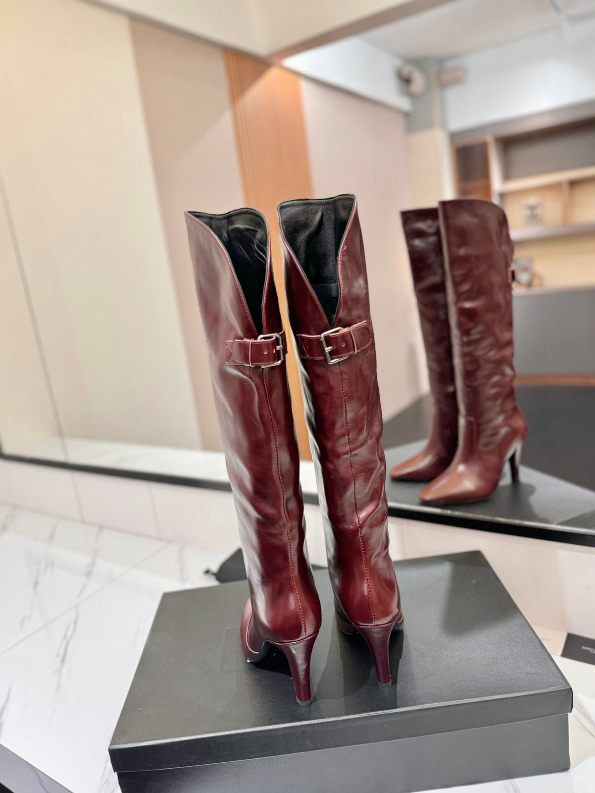 CLASSIC HIGH KNEE BOOTS IN BURGUNDY RED CALFSKIN