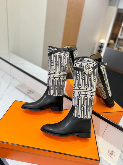 JUMPING BOOT 2 CM IN BLACK CALFSKIN AND BLACK MIX WHITE FABRIC