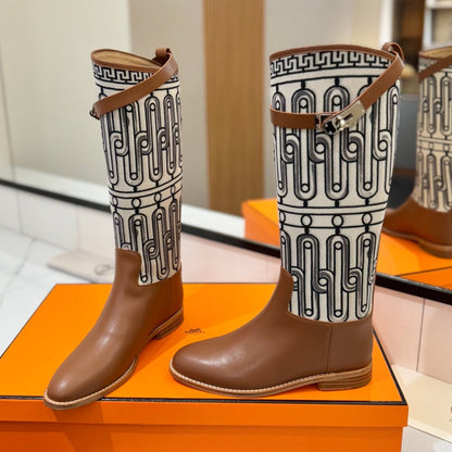 JUMPING BOOT 2 CM IN BRONZE BROWN CALFSKIN AND BLACK MIX WHITE FABRIC