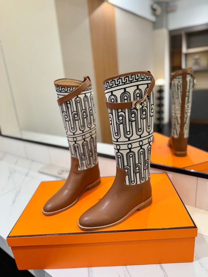 JUMPING BOOT 2 CM IN BRONZE BROWN CALFSKIN AND BLACK MIX WHITE FABRIC