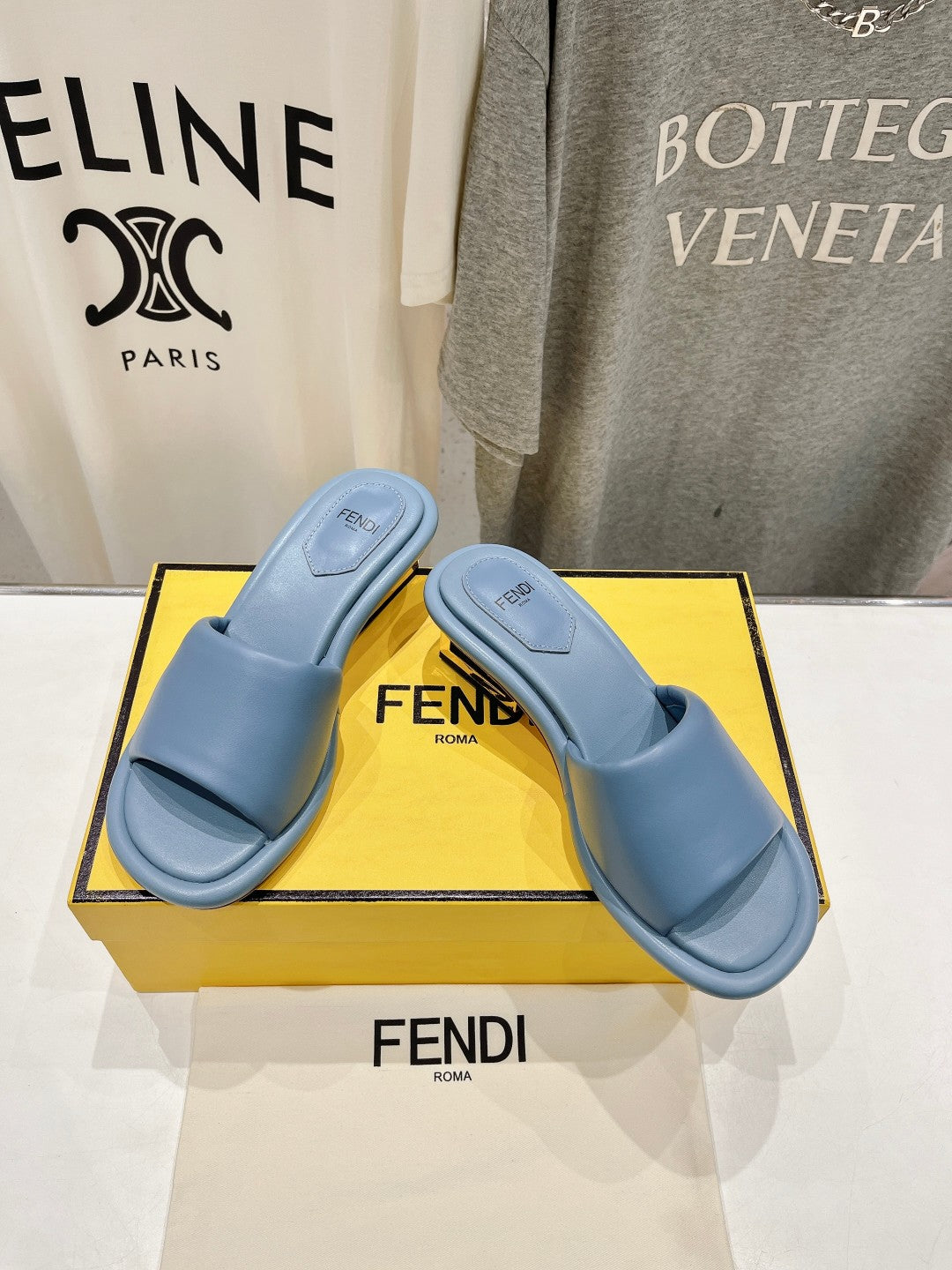 FENDI BAGUETTE MEDIUM-HEEL SANDALS 45 MM IN CERULEAN BLUE CALFSKIN