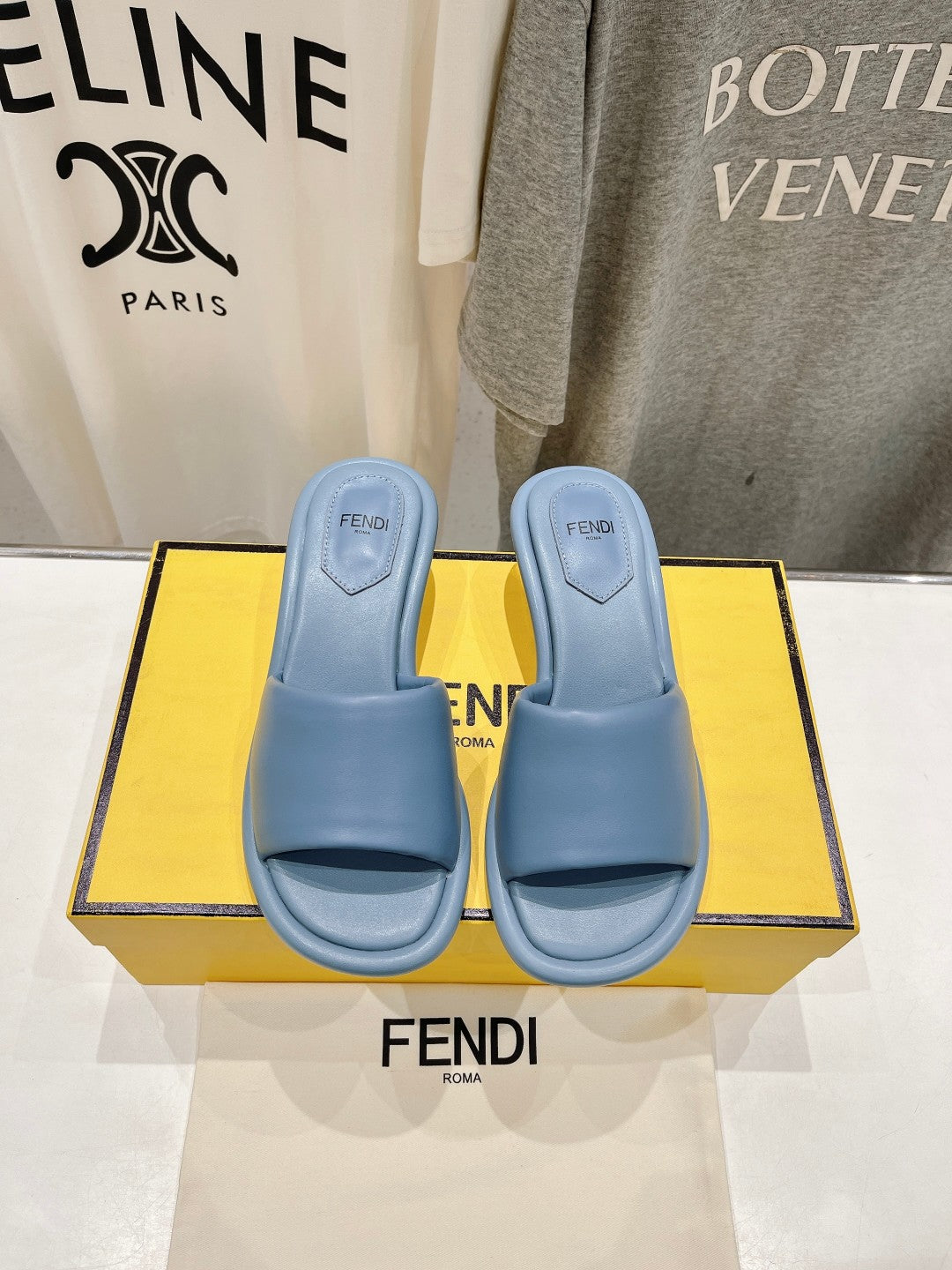 FENDI BAGUETTE MEDIUM-HEEL SANDALS 45 MM IN CERULEAN BLUE CALFSKIN