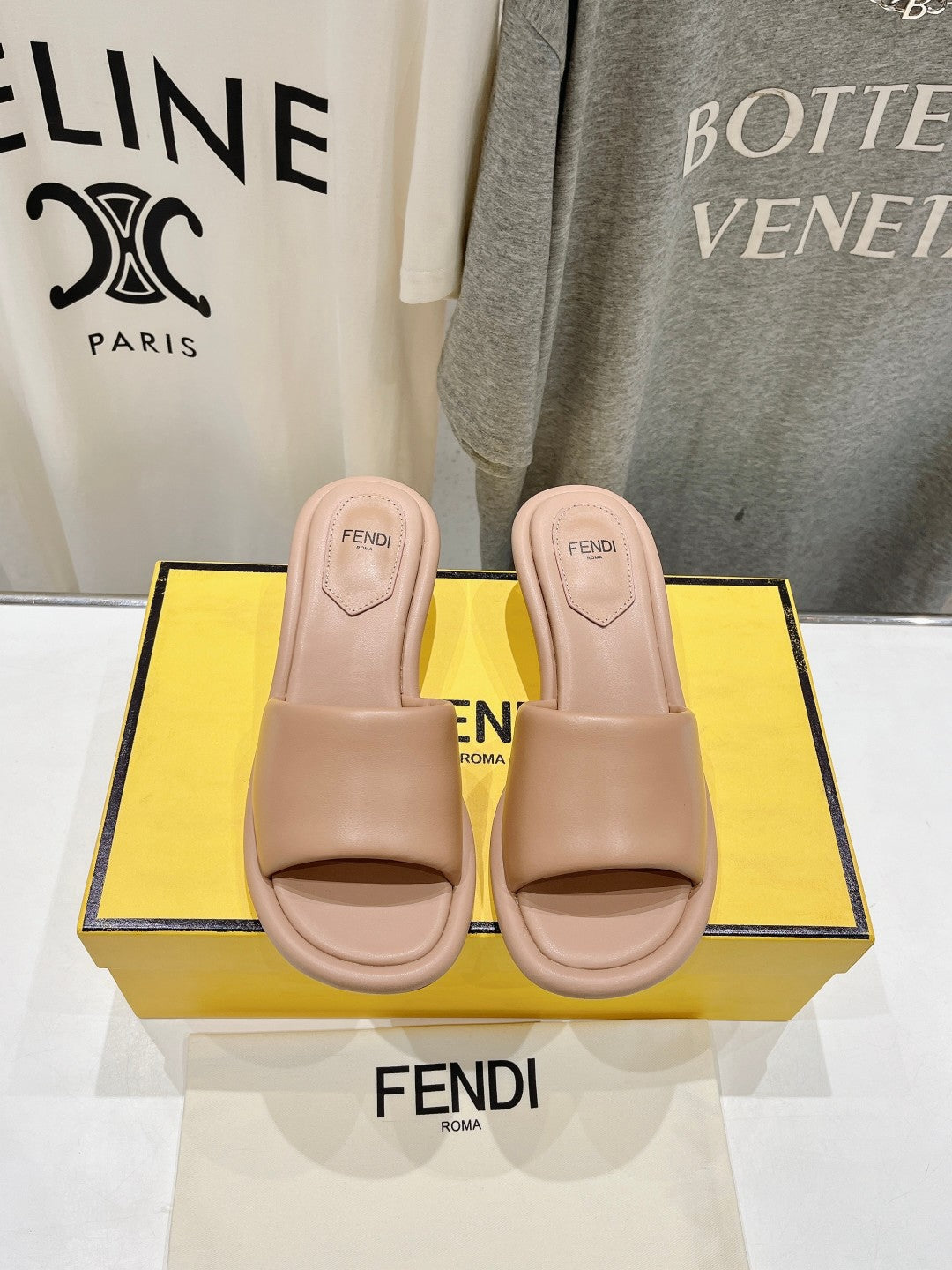 FENDI BAGUETTE MEDIUM-HEEL SANDALS 45 MM IN DESERT SAND CALFSKIN