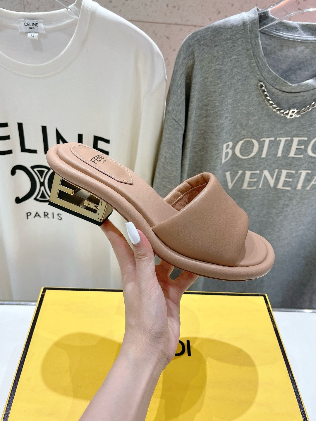 FENDI BAGUETTE MEDIUM-HEEL SANDALS 45 MM IN DESERT SAND CALFSKIN