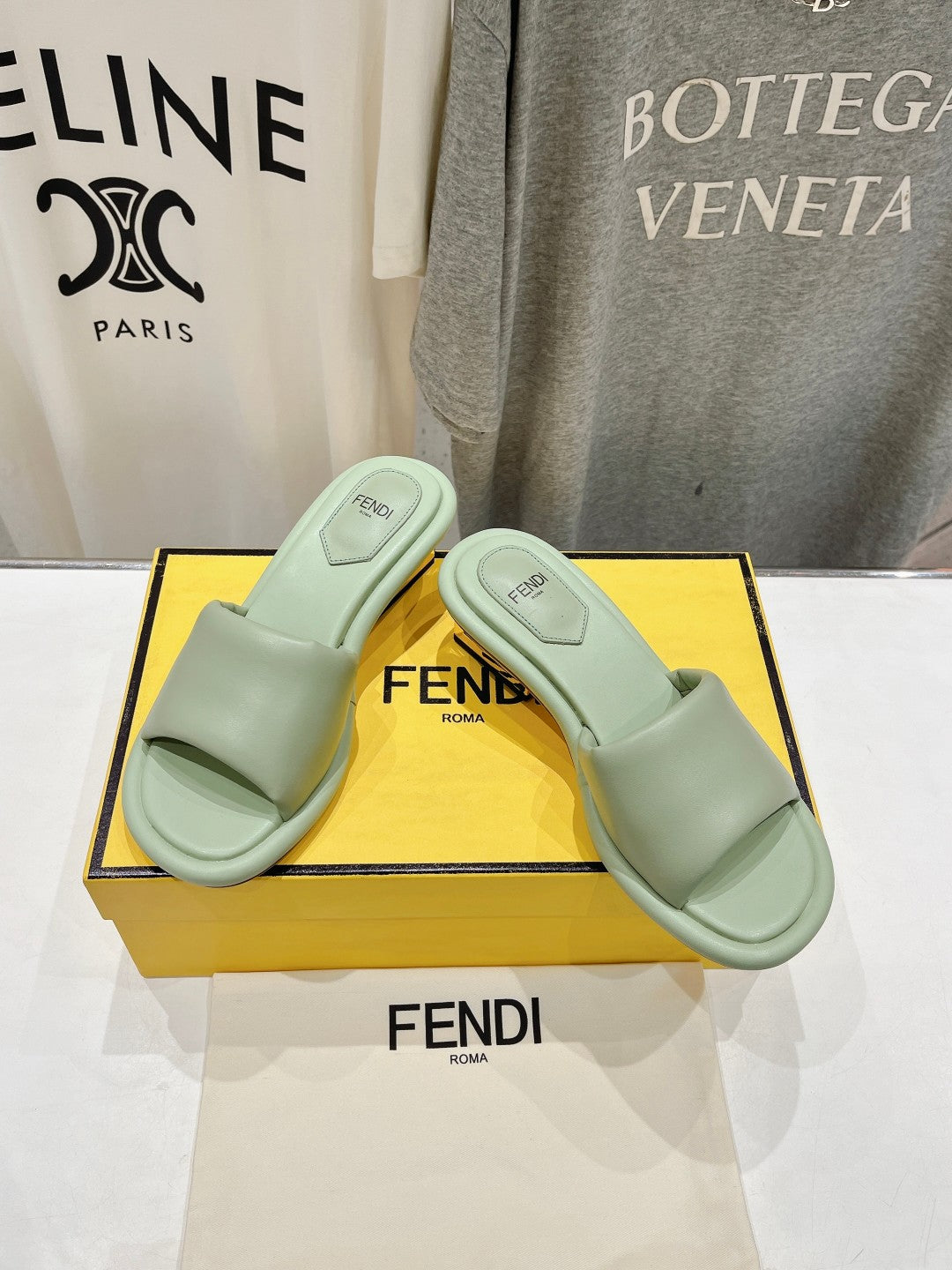 FENDI BAGUETTE MEDIUM-HEEL SANDALS 45 MM IN GREEN MINT CALFSKIN