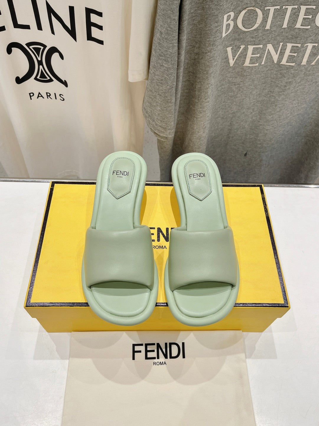 FENDI BAGUETTE MEDIUM-HEEL SANDALS 45 MM IN GREEN MINT CALFSKIN
