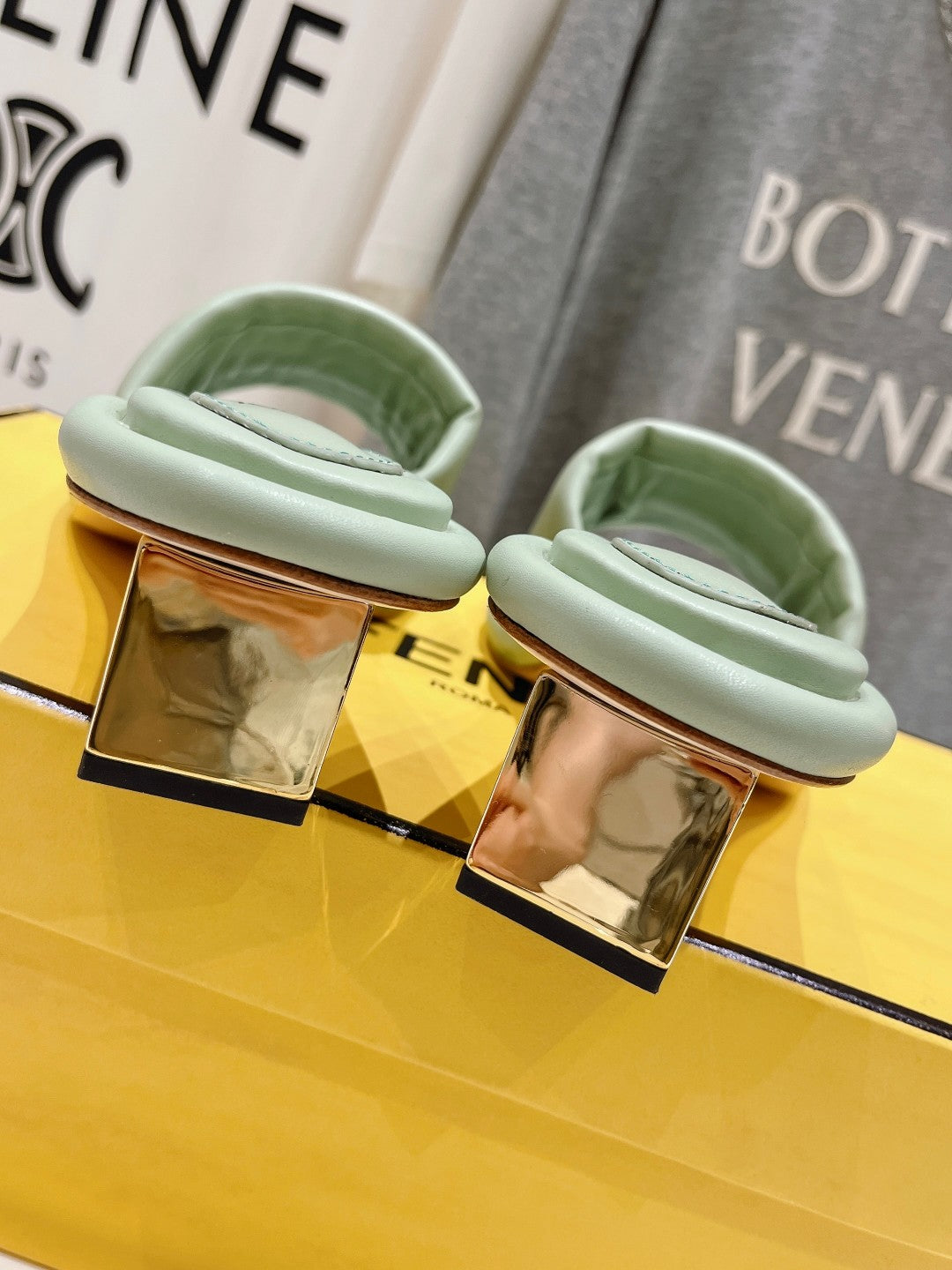 FENDI BAGUETTE MEDIUM-HEEL SANDALS 45 MM IN GREEN MINT CALFSKIN