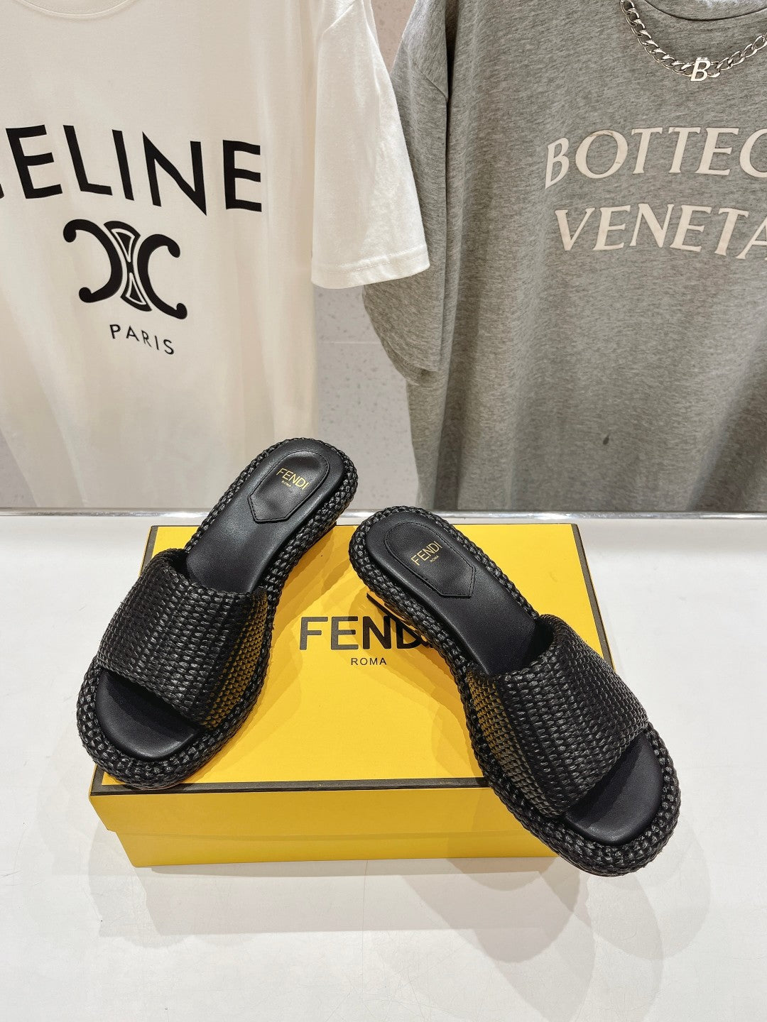 FENDI FFOLD MEDIUM-HEEL SANDALS 45 MM IN BLACK COTTON FIBRE