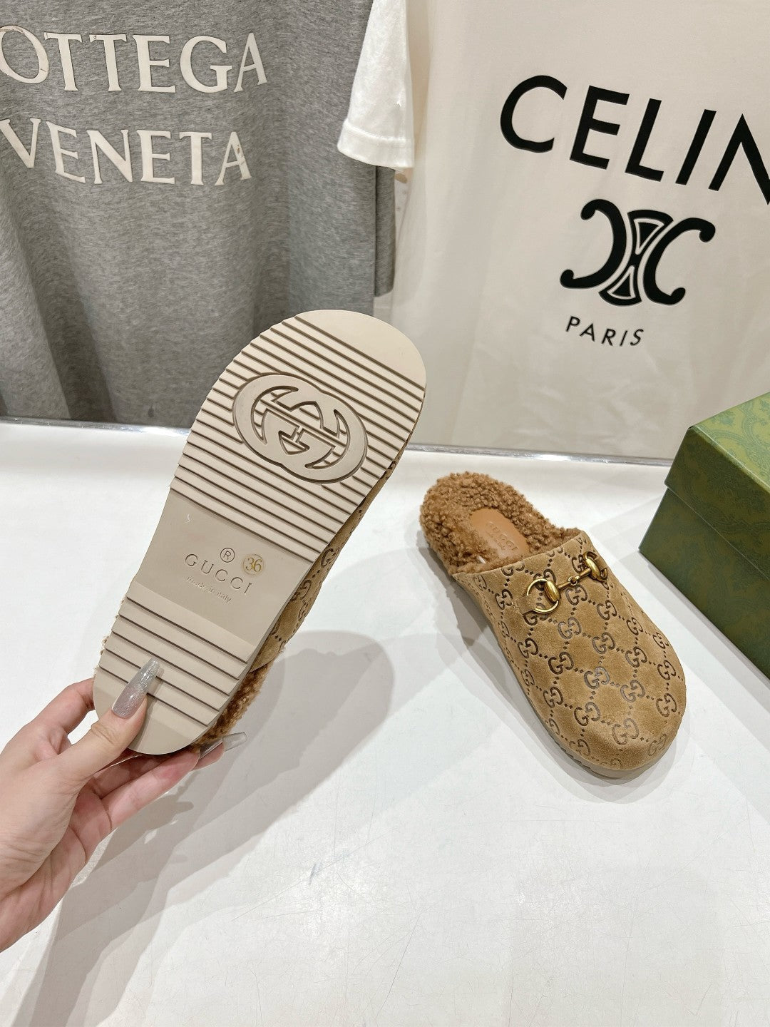 HORSEBIT MULE IN CAMEL EMBOSSED SUEDE AND FLEECE LINING