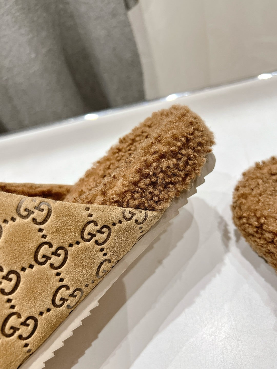 HORSEBIT MULE IN CAMEL EMBOSSED SUEDE AND FLEECE LINING