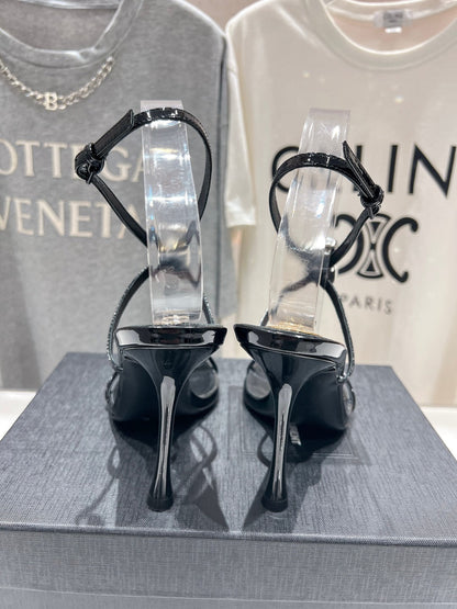 HIGH HEEL SANDALS IN BLACK GLOSSY CALFSKIN WTH STRAPS ATTACHED GEM