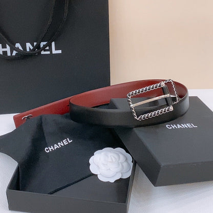 BELT 30MM IN BLACK AND RED CALFSKIN WITH INTERWOVEN SILVER CHAIN BUCKLE