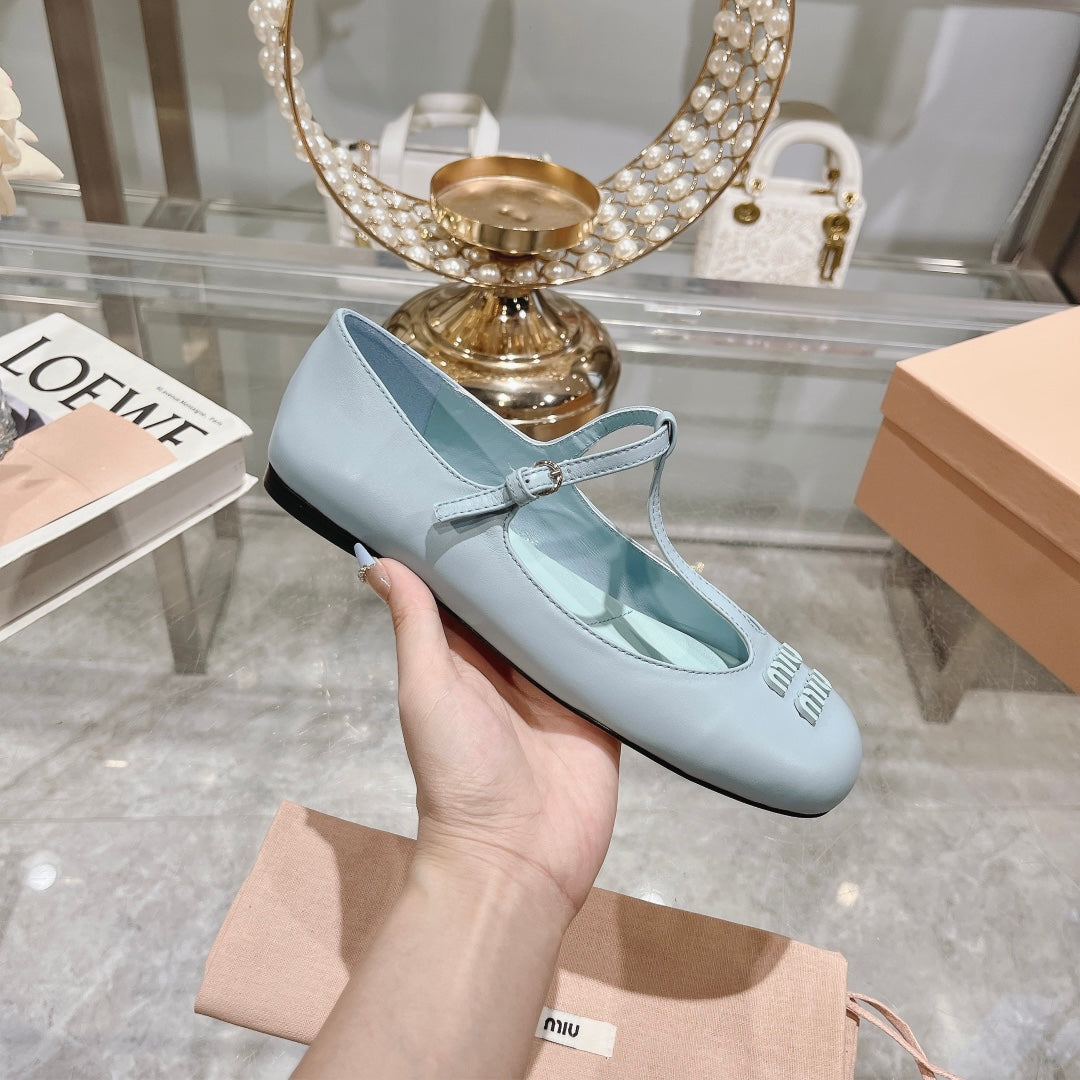 MARY JANE SANDAL PASTEL BLUE WITH T - STRAP SHEEPSKIN