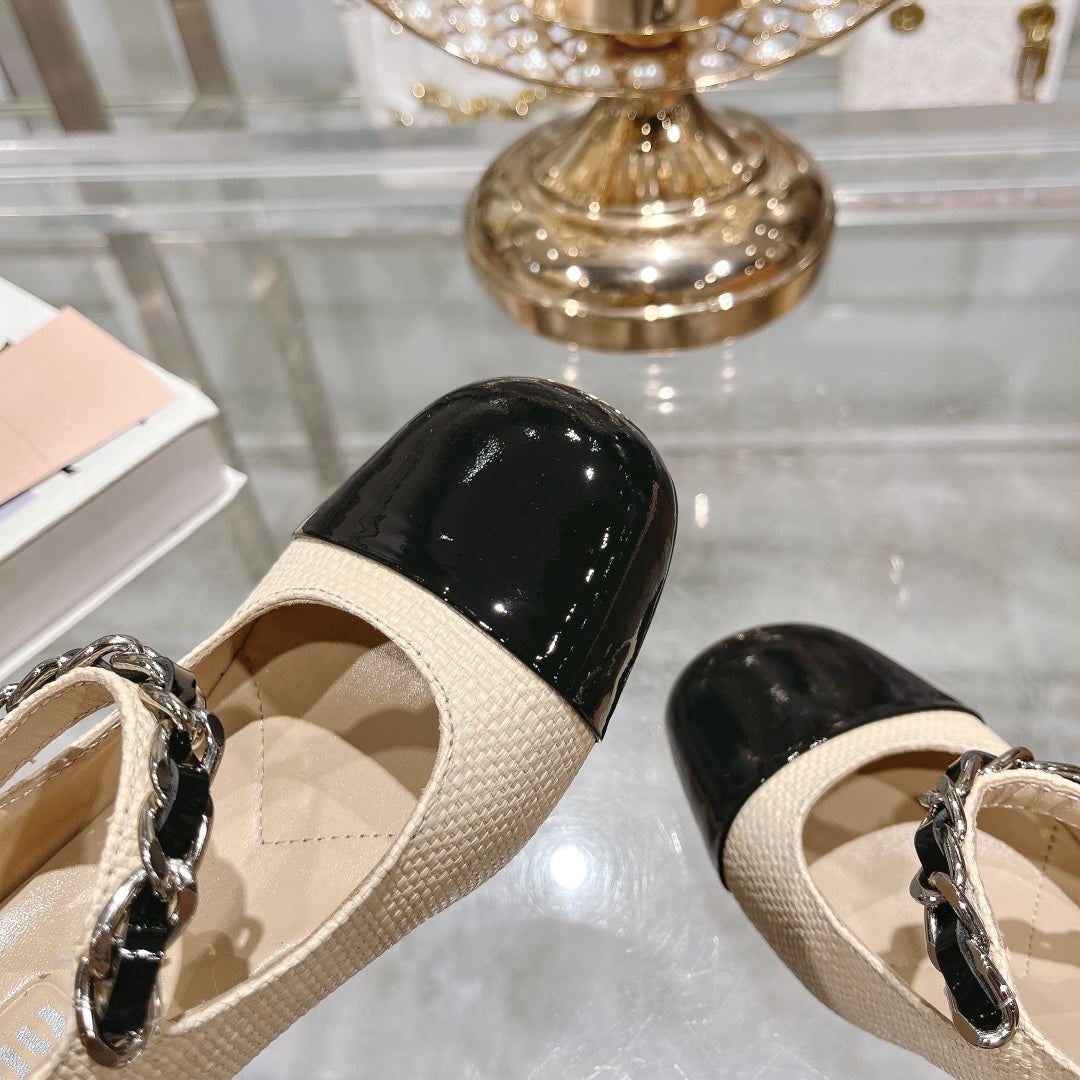 MARY JANE SANDAL CAP TOE BRIGHT CREAM SHEEPSKIN - HIGH HEEL