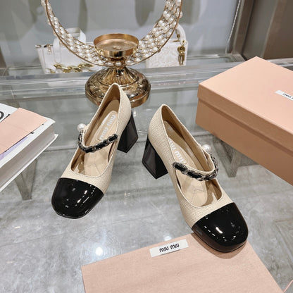 MARY JANE SANDAL CAP TOE BRIGHT CREAM SHEEPSKIN - HIGH HEEL