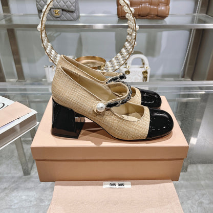 MARY JANE SANDAL CAP TOE DARK CREAM SHEEPSKIN - HIGH HEEL