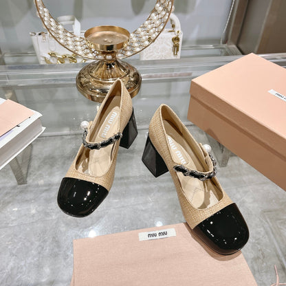 MARY JANE SANDAL CAP TOE DARK CREAM SHEEPSKIN - HIGH HEEL