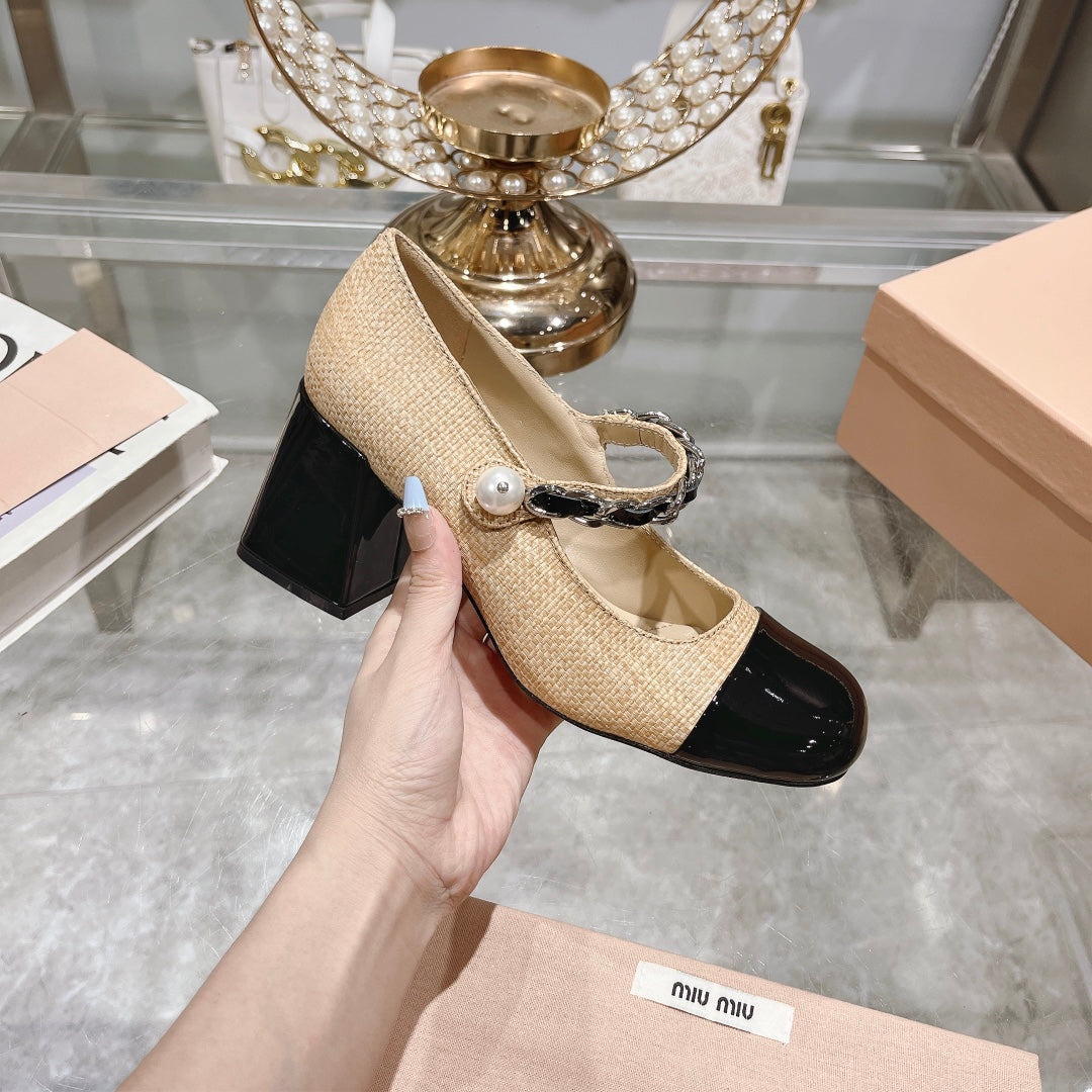 MARY JANE SANDAL CAP TOE DARK CREAM SHEEPSKIN - HIGH HEEL