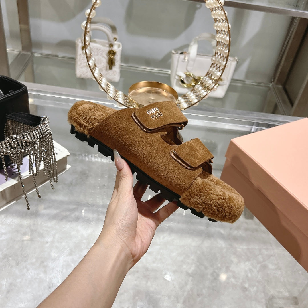 SANDAL SLIDES IN SEPIA BROWN SUEDE AND SHEARLING LINING