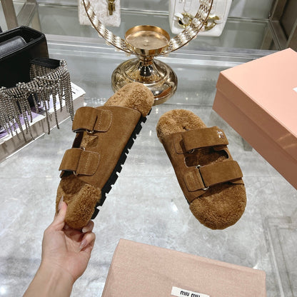 SANDAL SLIDES IN SEPIA BROWN SUEDE AND SHEARLING LINING