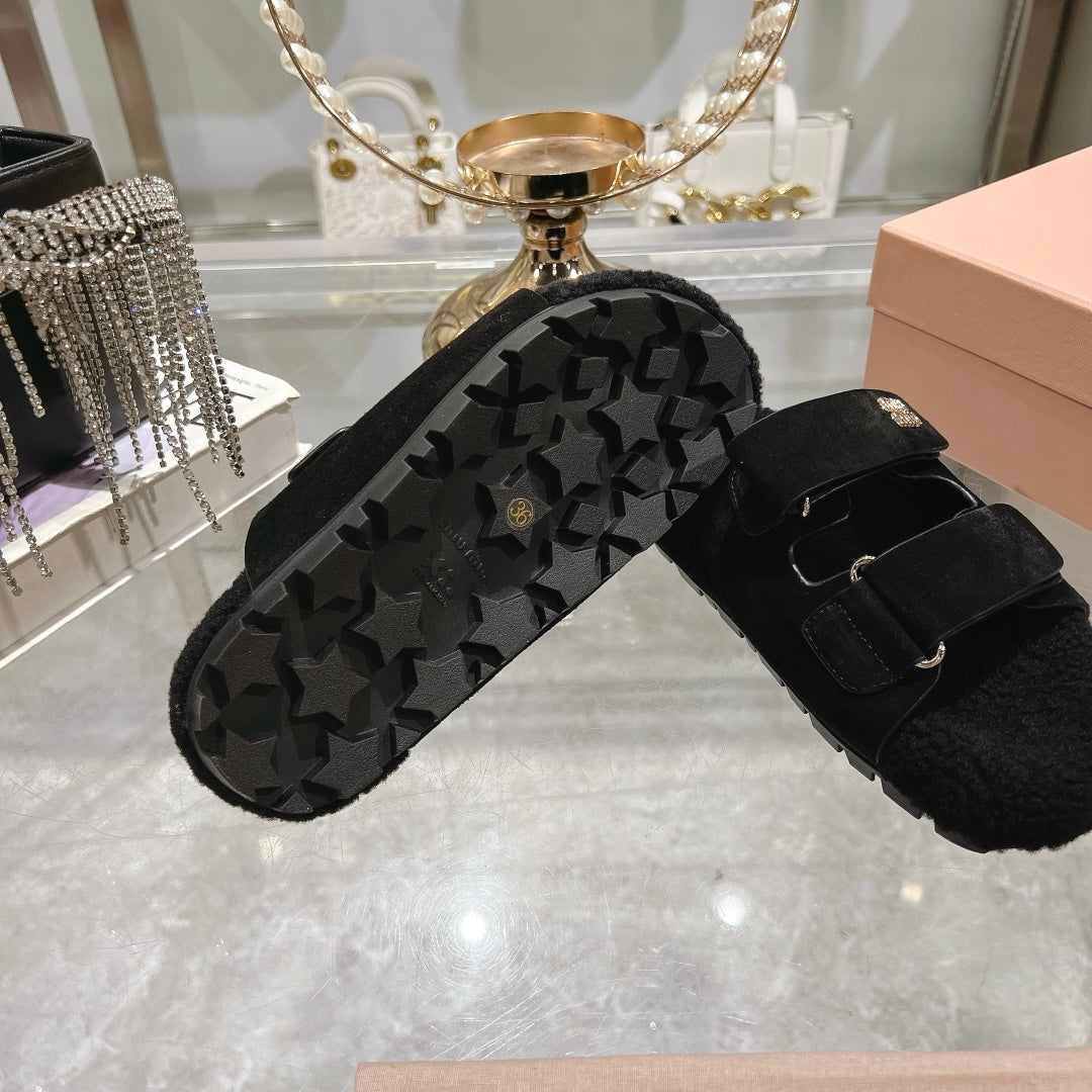 SANDAL SLIDES IN BLACK SUEDE AND SHEARLING LINING