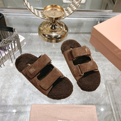 SANDAL SLIDES IN COCOA BROWN SUEDE AND SHEARLING LINING