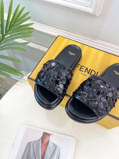 FENDI THICK SOLE 3 CM SEQUIN SLIPPER BLACK