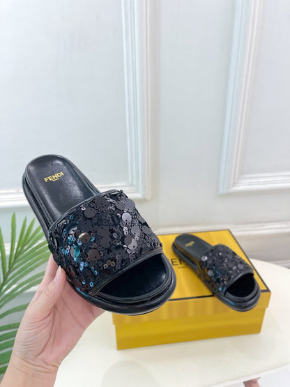 FENDI THICK SOLE 3 CM SEQUIN SLIPPER BLACK